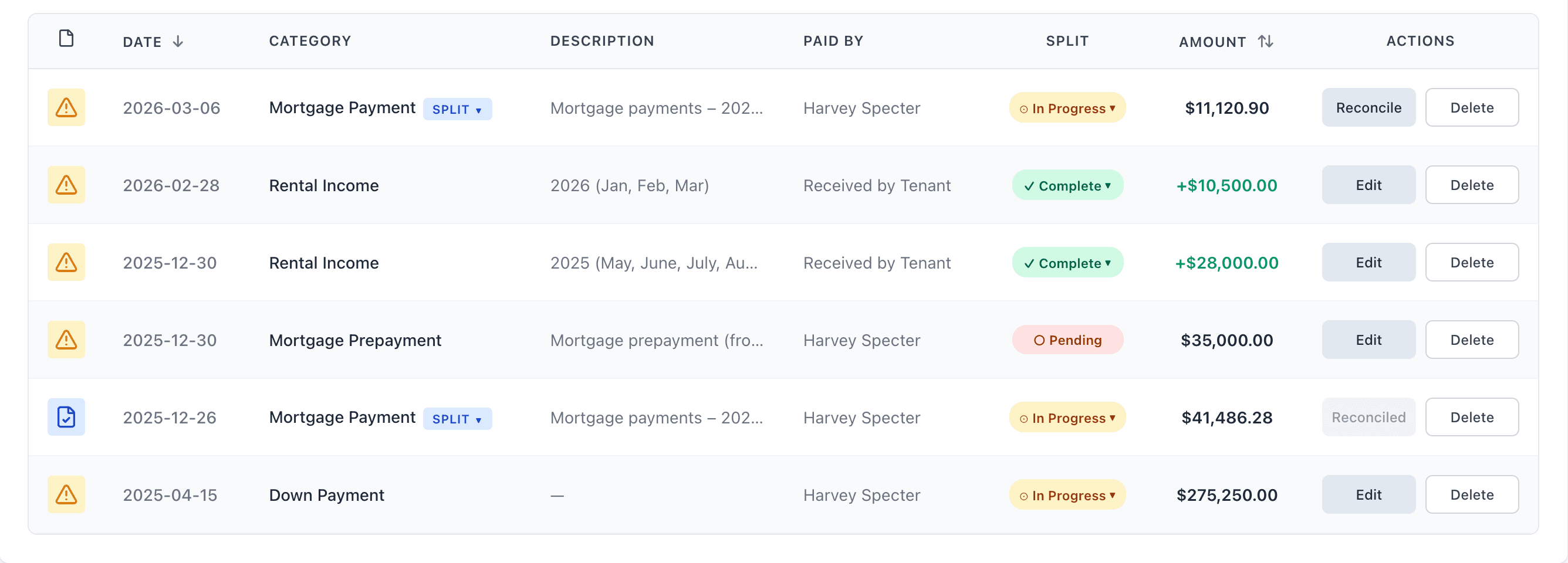 FairSquare transaction list showing mortgage payments, maintenance, and rental income categorised by type